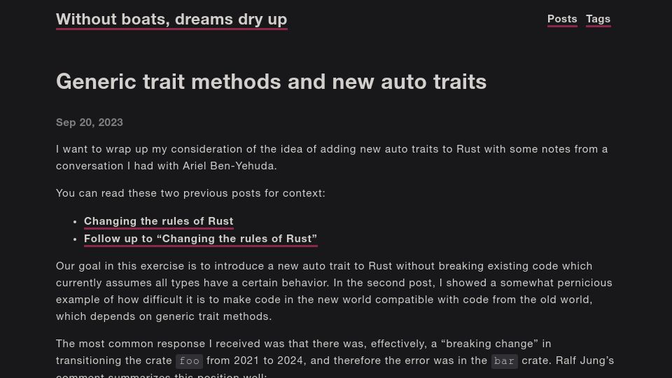 Screenshot of without.boats: Generic trait methods and new auto traits