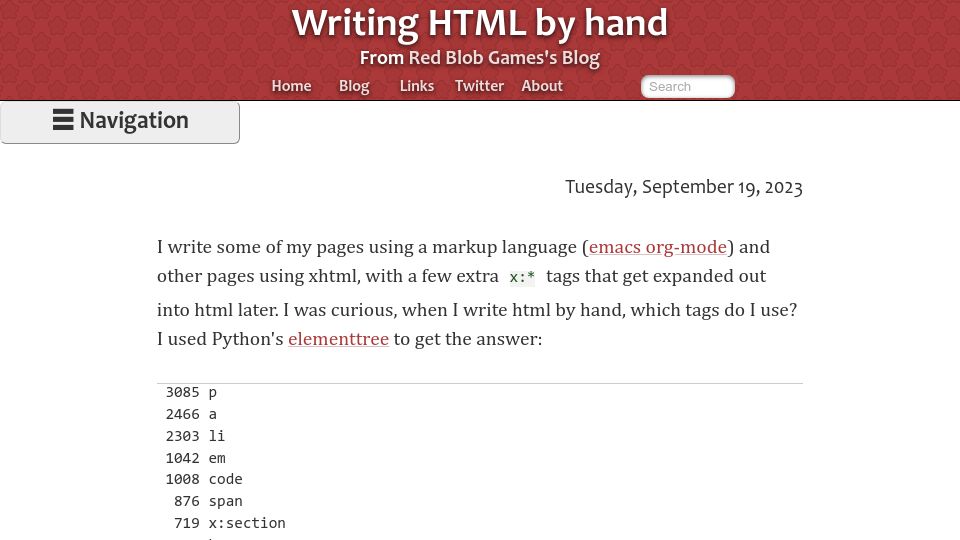 Screenshot of simblob.blogspot.com: Writing HTML by hand