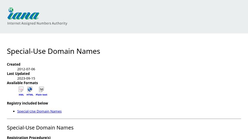 Screenshot of iana.org: Special-Use Domain Names
