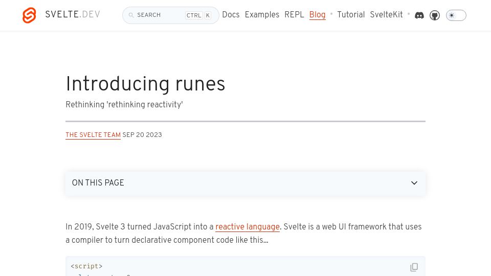 Screenshot of svelte.dev: Svelte 5: Runes