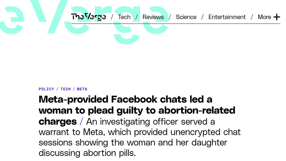 Screenshot of theverge.com: Meta-provided FB chats led a woman to plead guilty to abortion-related charges