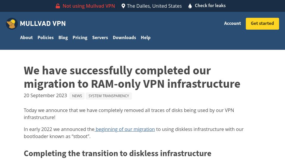 Screenshot of mullvad.net: We have successfully completed our migration to RAM-only VPN infrastructure