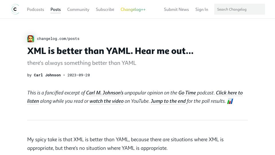 Screenshot of changelog.com: XML is better than YAML – Hear me out