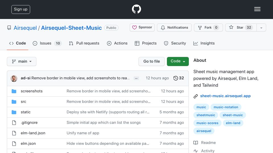 Screenshot of github.com: Show HN: Sheet Music Management App