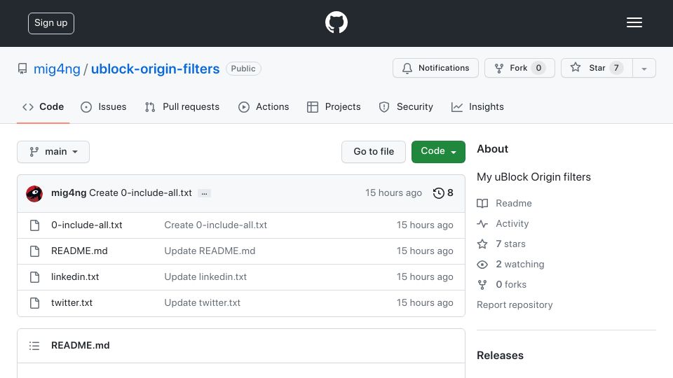 Screenshot of github.com: My uBlock Origin filters to remove distractions