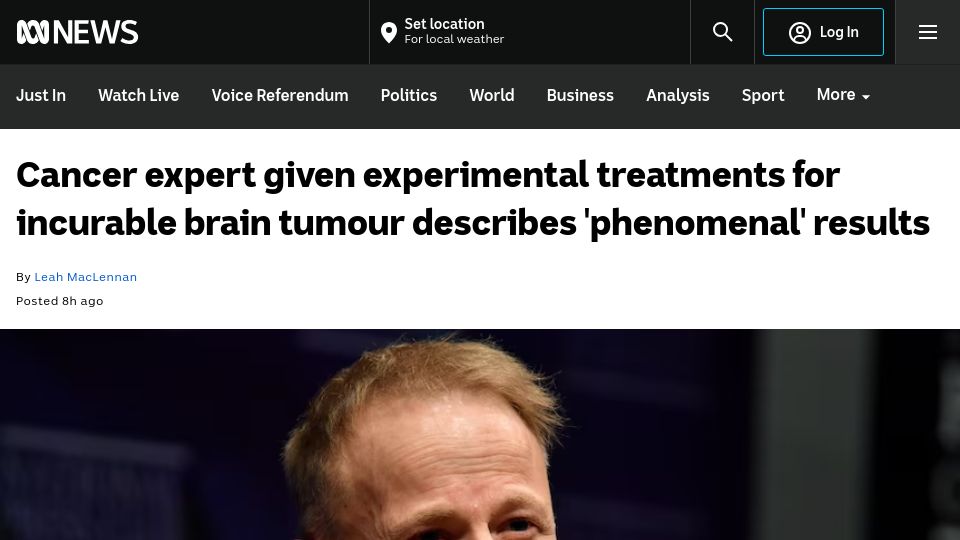Screenshot of abc.net.au: Cancer expert given experimental treatments for incurable brain tumour