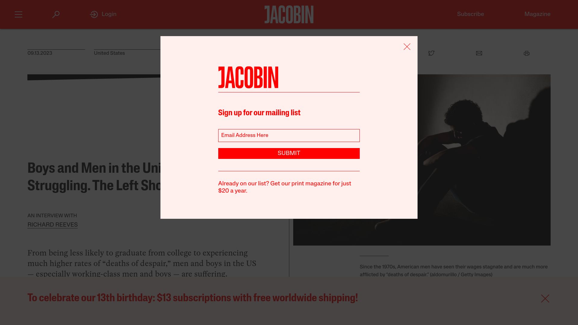Screenshot of jacobin.com: Boys and Men in the United States Are Struggling. The Left Should Talk About It