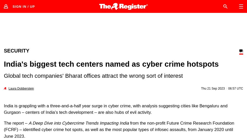 Screenshot of theregister.com: India's biggest tech centers named as cyber crime hotspots