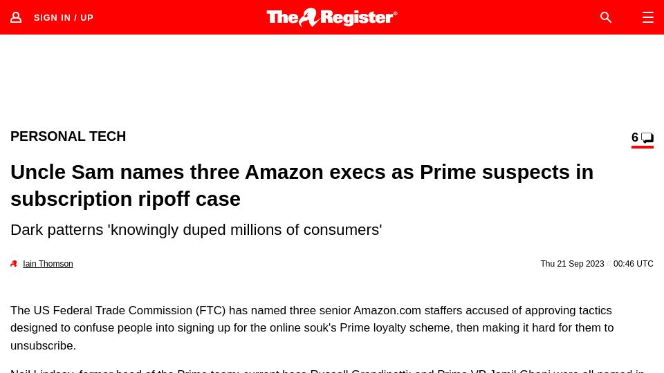 Screenshot of theregister.com: FTC has named Amazon staffers accused of approving tactics designed to confuse