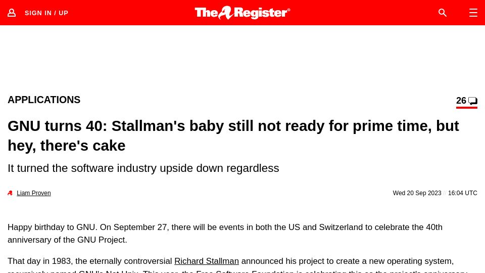 Screenshot of theregister.com: GNU Turns 40