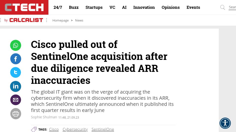 Screenshot of calcalistech.com: Cisco pulled out of SentinelOne acquisition after due diligence
