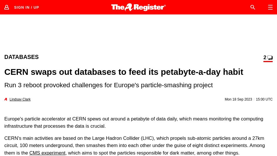 Screenshot of theregister.com: CERN swaps out databases to feed its petabyte-a-day habit