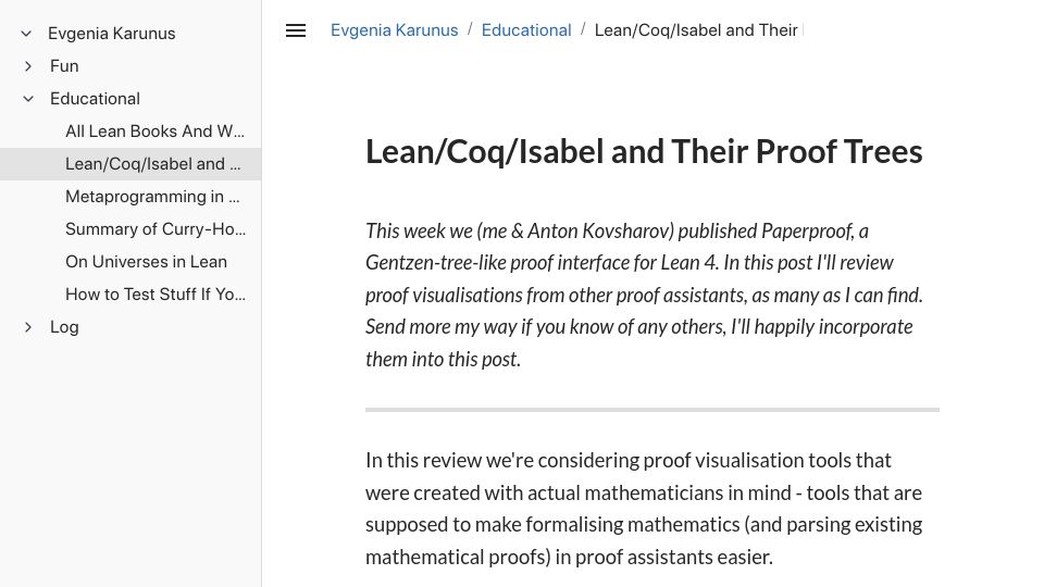 Screenshot of lakesare.brick.do: Lean, Coq and other proof assistants: Visualising proofs as trees