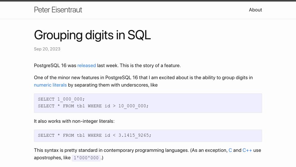 Screenshot of peter.eisentraut.org: Grouping digits in SQL