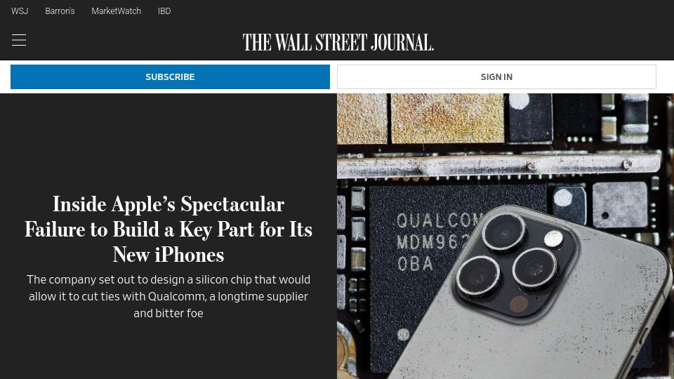 Screenshot of wsj.com: Apple’s failure to build a key part for its new iPhones