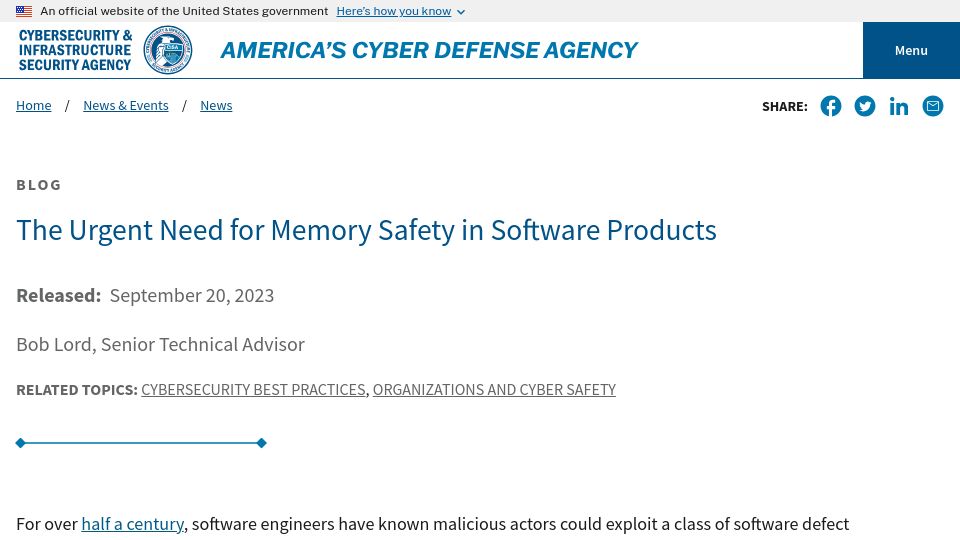 Screenshot of cisa.gov: The urgent need for memory safety in software products