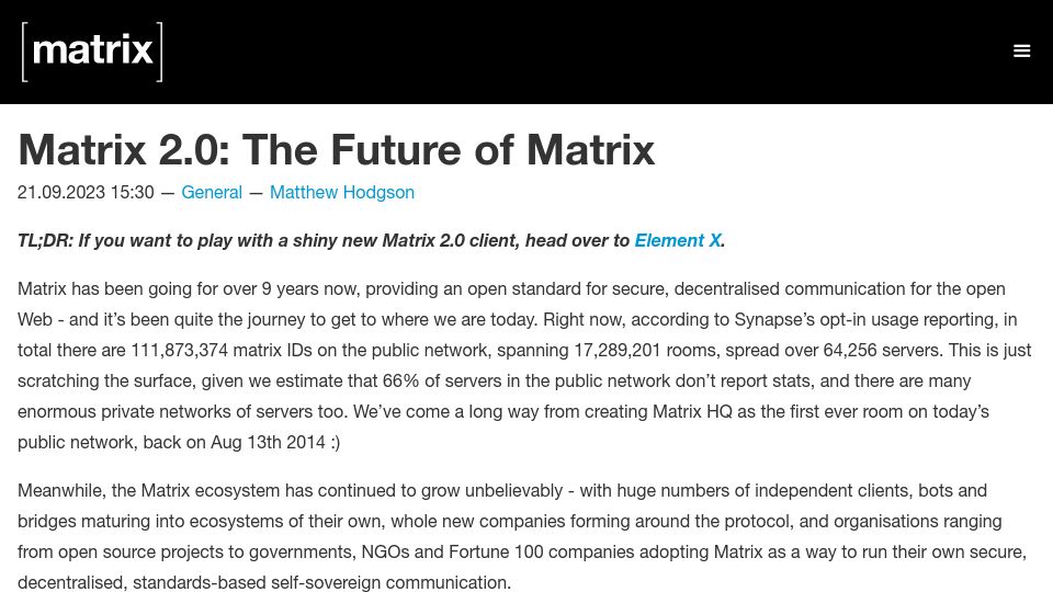 Screenshot of matrix.org: Matrix 2.0: The Future of Matrix
