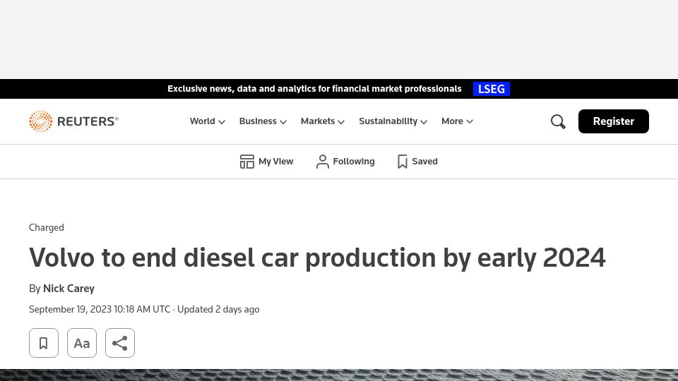 Screenshot of reuters.com: Volvo to cease production of diesel cars in a few months