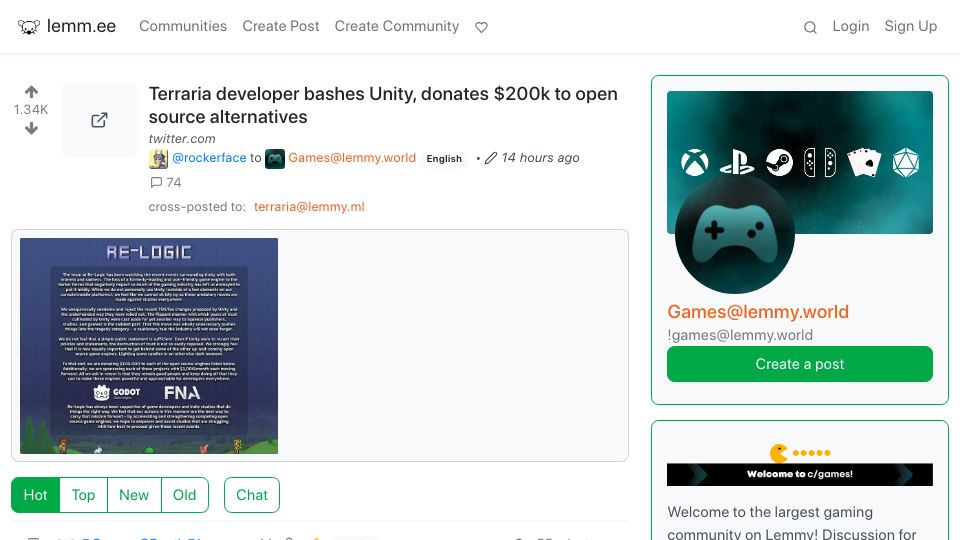 Screenshot of lemm.ee: Terraria developer bashes Unity, donates $200k to open source alternatives