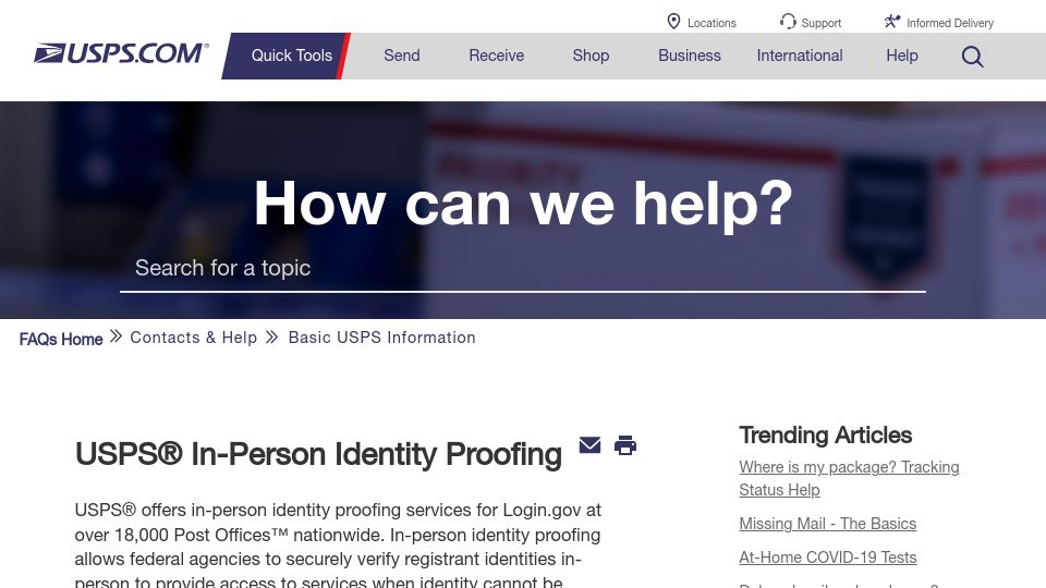 Screenshot of faq.usps.com: USPS In-Person Identity Proofing