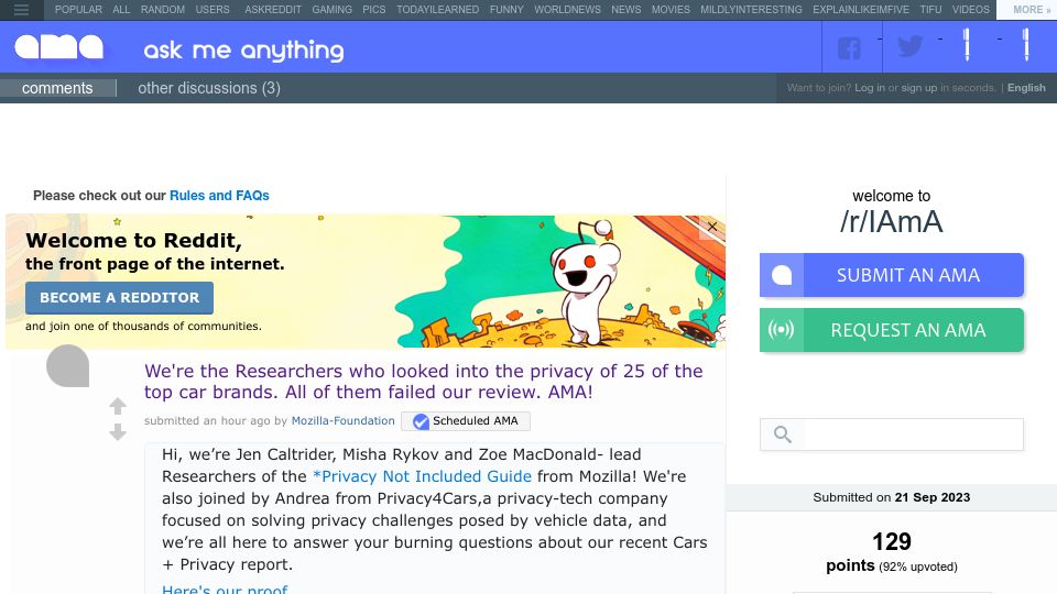 Screenshot of old.reddit.com: AMA: We're the Researchers who looked into the privacy of the 25 top car brands