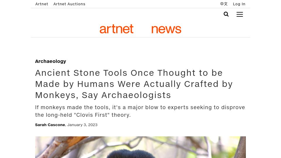 Screenshot of news.artnet.com: Ancient tools thought to be made by humans were made by monkeys: archaeologists