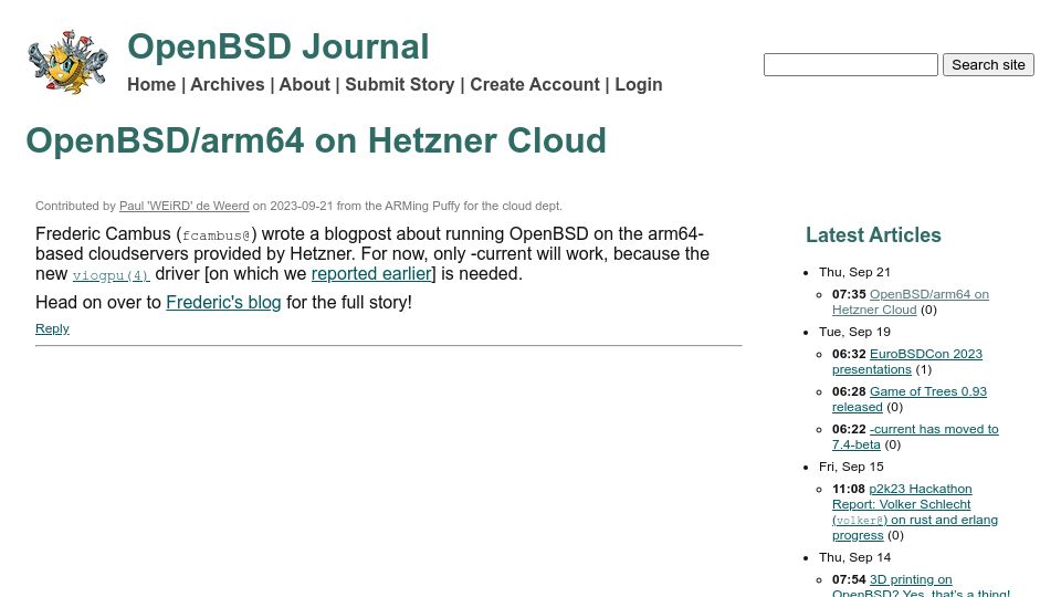 Screenshot of undeadly.org: OpenBSD/ARM64 on Hetzner Cloud