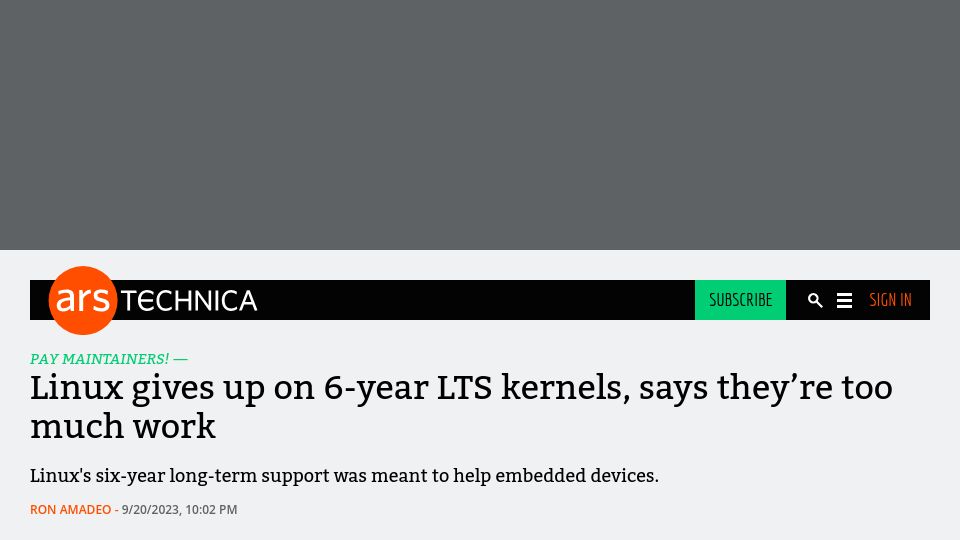 Screenshot of arstechnica.com: Linux gives up on 6-year LTS kernels, says they’re too much work