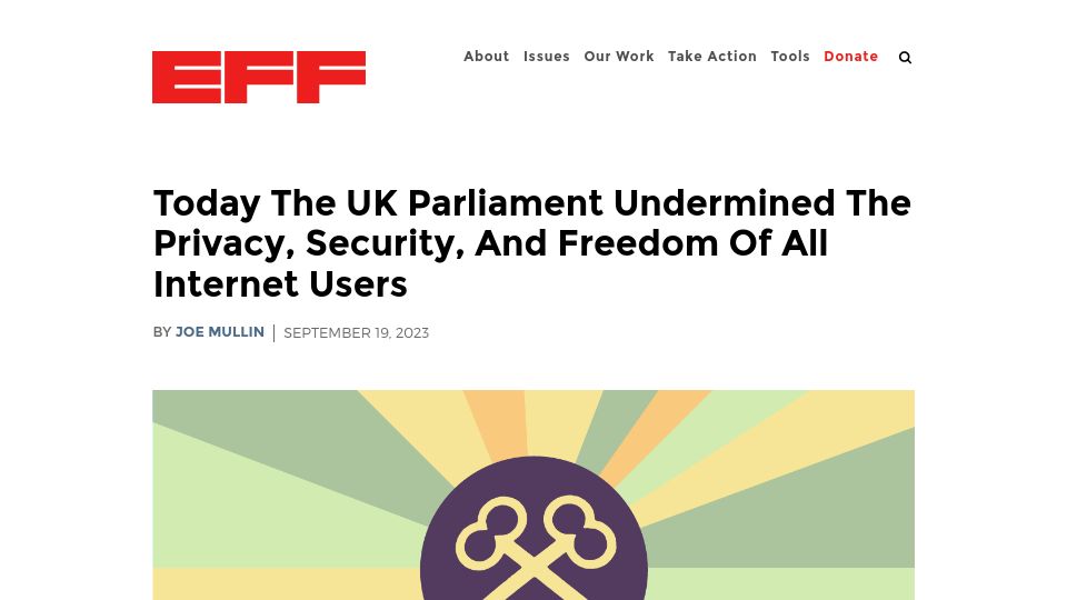 Screenshot of eff.org: UK Parliament undermined the privacy, security, freedom of all internet users