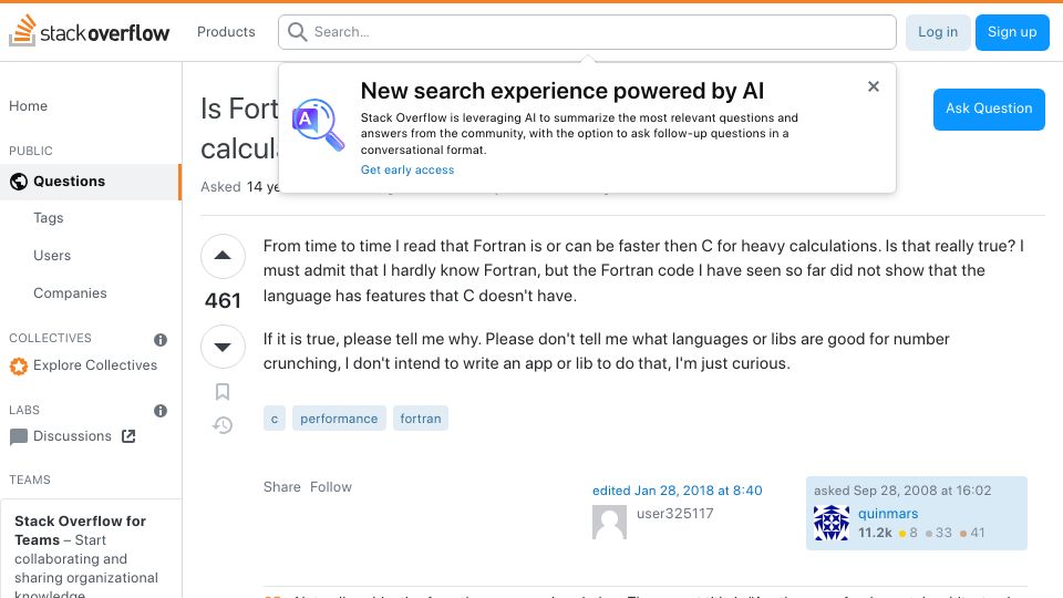 Screenshot of stackoverflow.com: Is Fortran easier to optimize than C for heavy calculations?