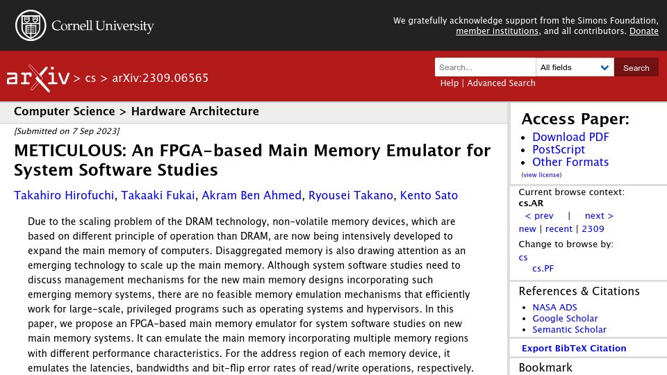 Screenshot of arxiv.org: Meticulous: An FPGA-Based Main Memory Emulator for System Software Studies