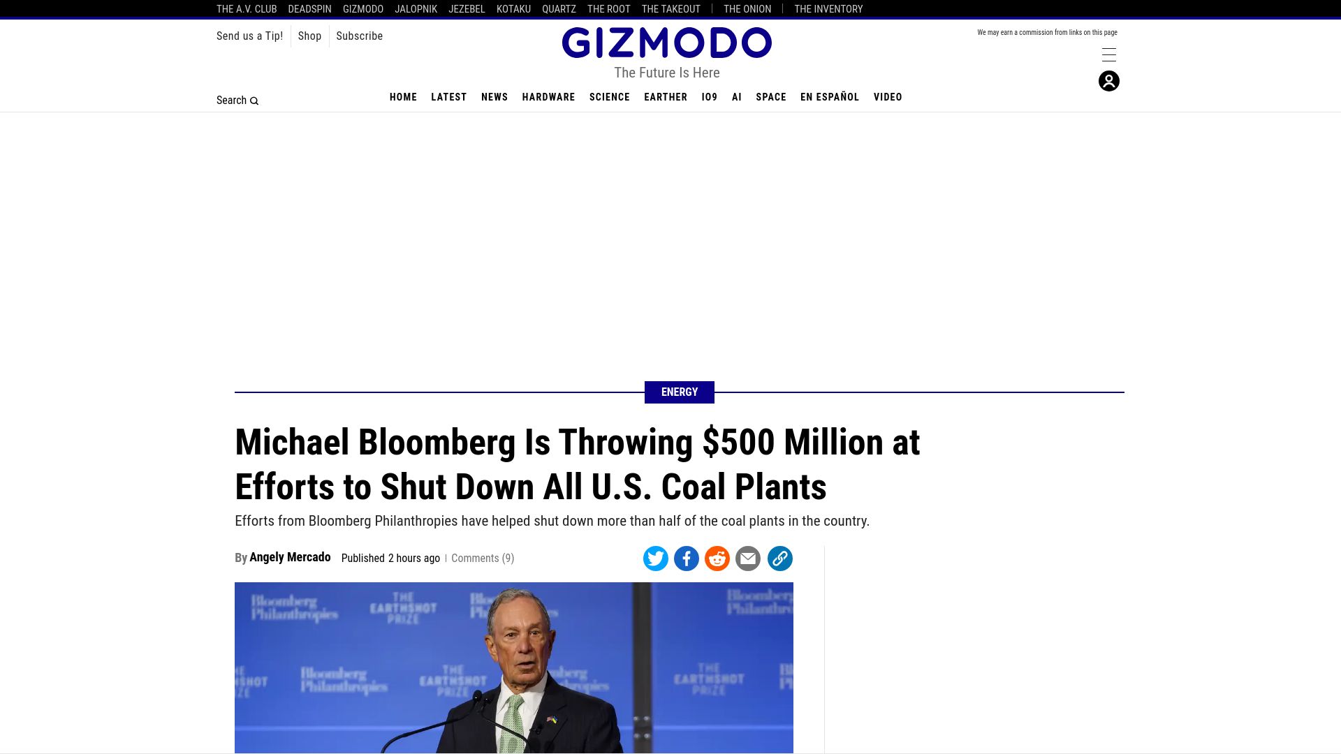 Screenshot of gizmodo.com: Bloomberg Is Throwing $500M at Efforts to Shut Down All U.S. Coal Plants