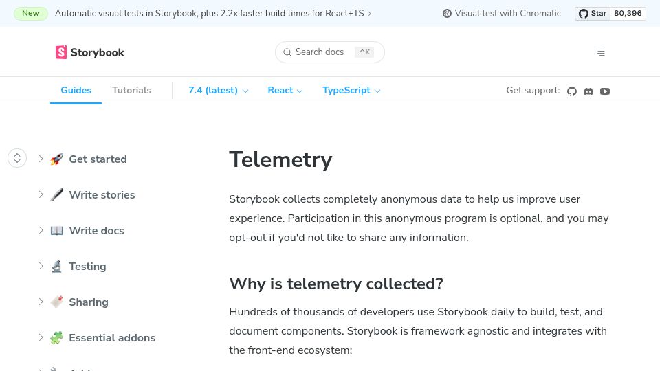 Screenshot of storybook.js.org: Telemetry