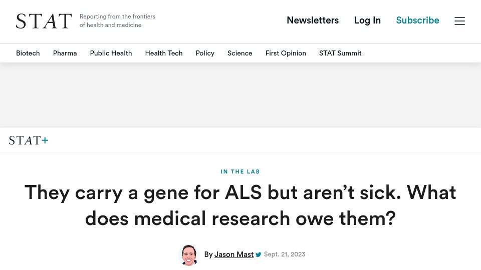 Screenshot of statnews.com: What can medicine do for people with genes for ALS?