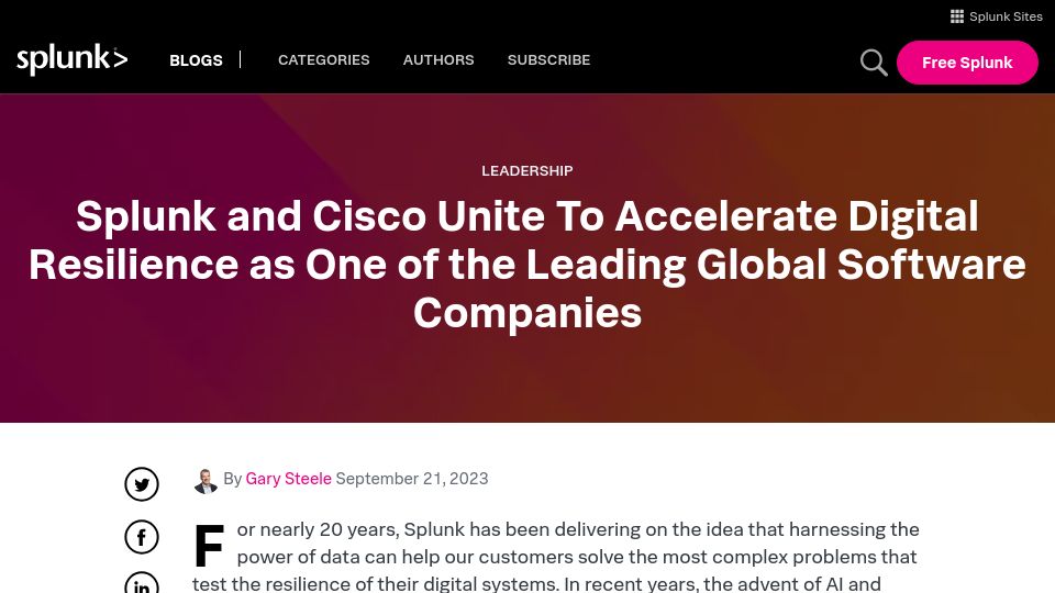 Screenshot of splunk.com: Cisco Acquires Splunk