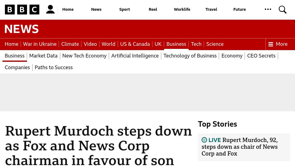 Screenshot of bbc.co.uk: Rupert Murdoch steps down as Fox and News Corp chairman