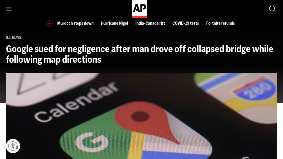Screenshot of apnews.com: Google sued for negligence after man died following map directions