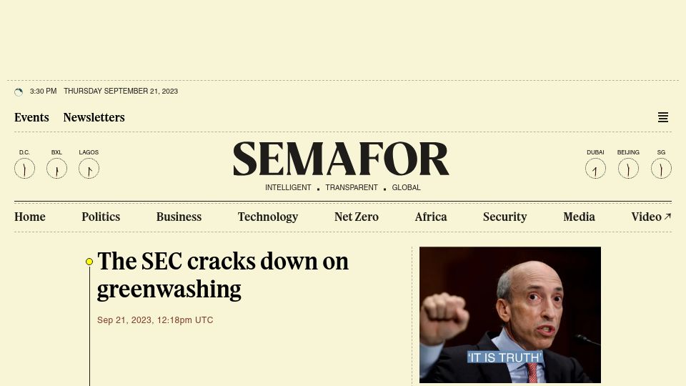 Screenshot of semafor.com: The SEC cracks down on greenwashing