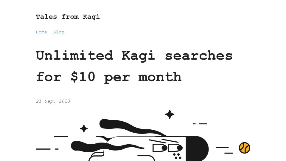 Screenshot of blog.kagi.com: Unlimited Kagi searches for $10 per month