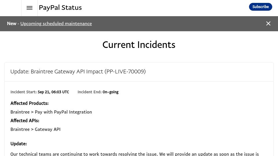 Screenshot of paypal-status.com: Issue affecting the Gateway API on the Braintree platform