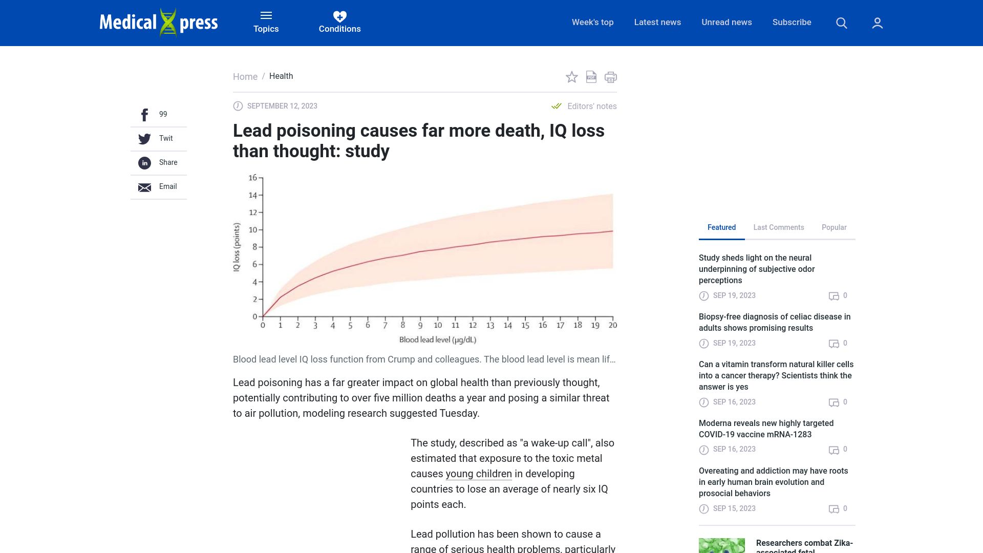Screenshot of medicalxpress.com: Lead poisoning causes more death, IQ loss than thought: study
