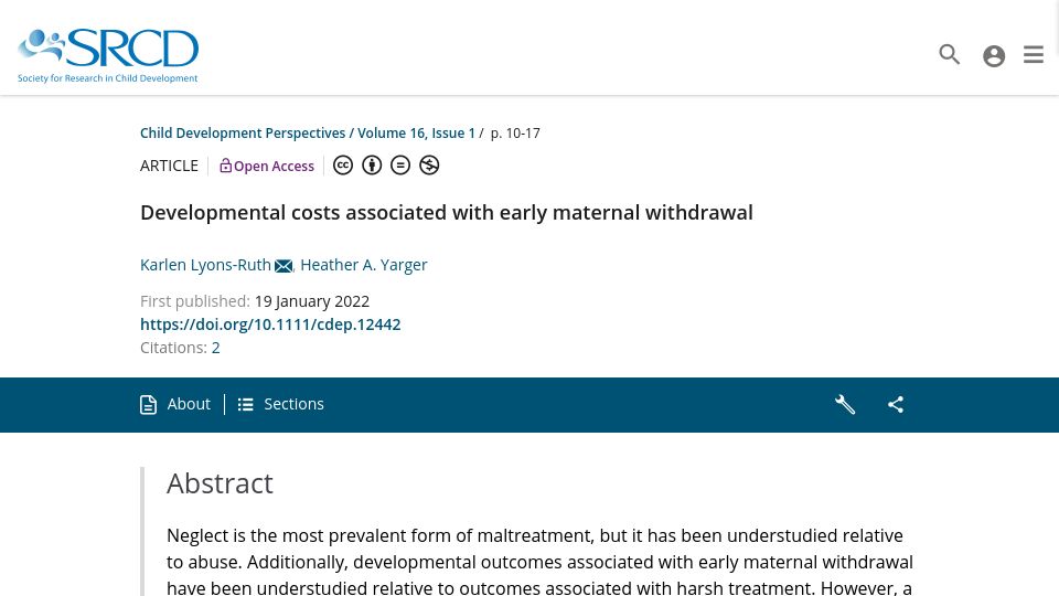 Screenshot of srcd.onlinelibrary.wiley.com: Developmental costs associated with early maternal withdrawal (2022)