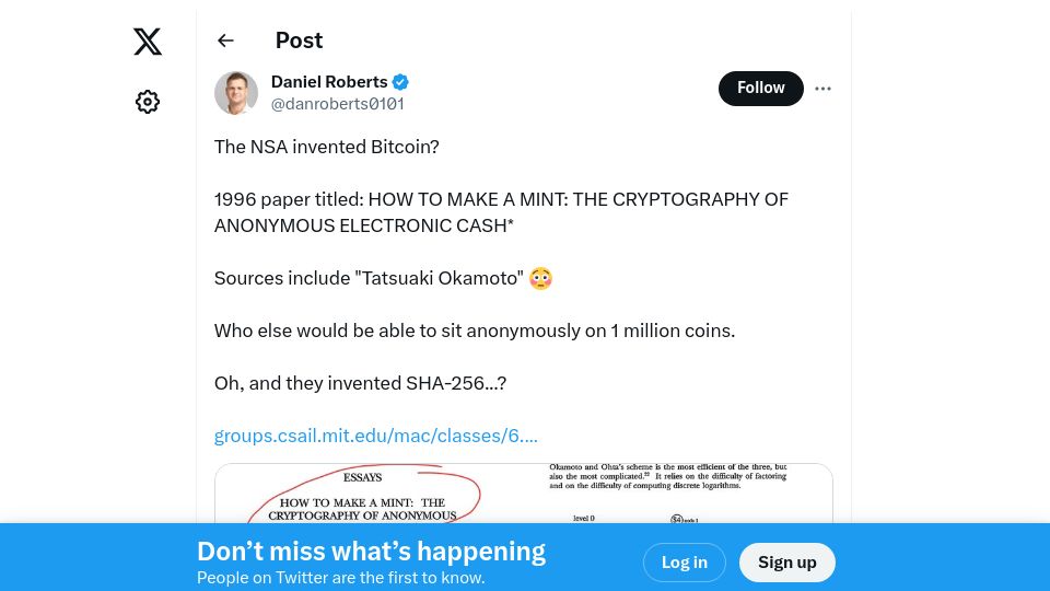 Screenshot of twitter.com: The NSA Invented Bitcoin?