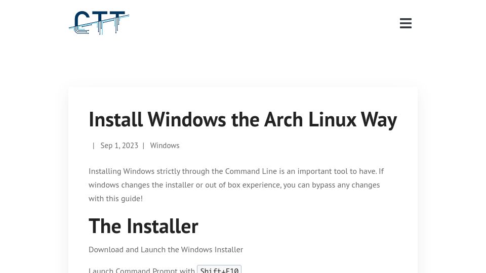 Screenshot of christitus.com: Install Windows the Arch Linux Way