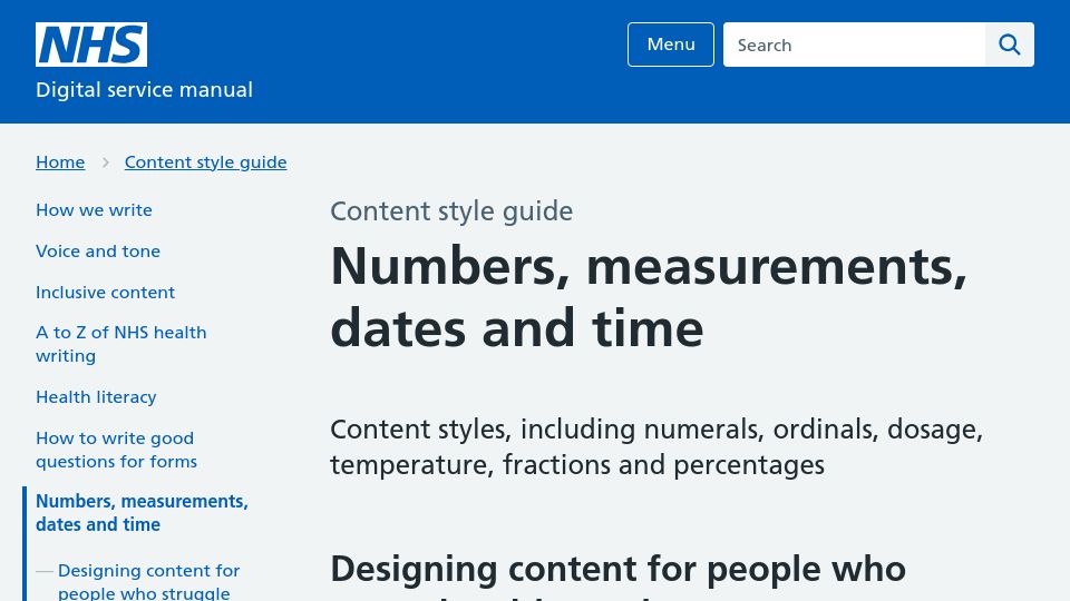 Screenshot of service-manual.nhs.uk: Designing content for people who struggle with numbers