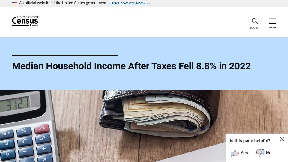 Screenshot of census.gov: Median Household Income After Taxes Fell 8.8% in 2022