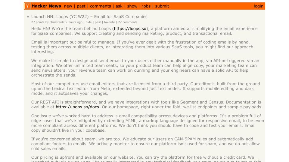 Screenshot of Hacker News post: Launch HN: Loops (YC W22) – Email for SaaS Companies