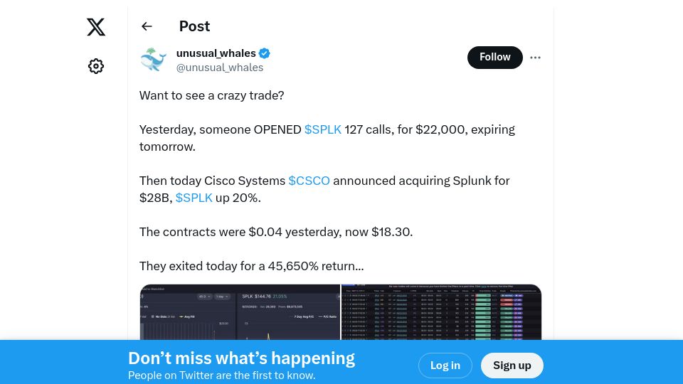 Screenshot of twitter.com: Insider trade on Splunk acquisition for 45,650% return