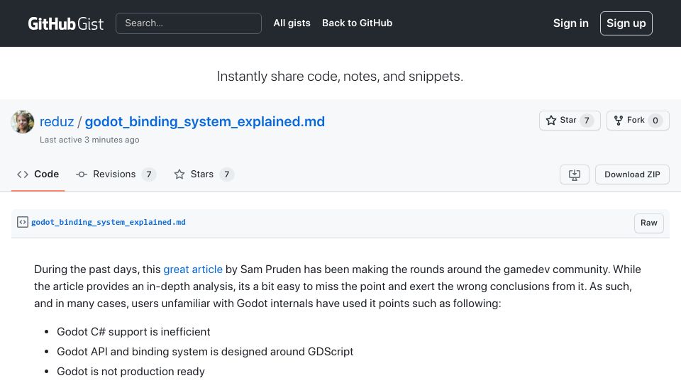 Screenshot of gist.github.com: Article reply “Godot is not the new Unity” from Juan Linietsky (BDFL of Godot)