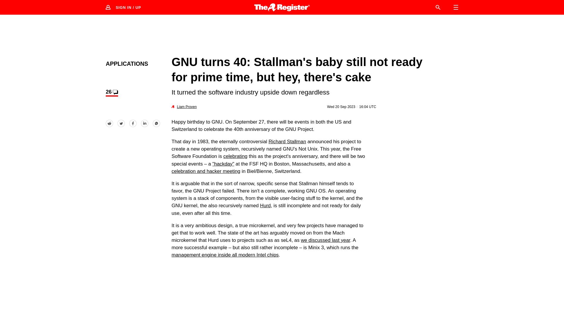 Screenshot of theregister.com: GNU Turns 40
